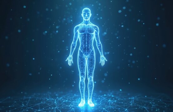 Abstract polygonal human body with wireframe. Digital illustration shows 3D human anatomy in blue color. Futuristic health concept, science and innovative medicine, fitness, body scan. - Powered by Adobe