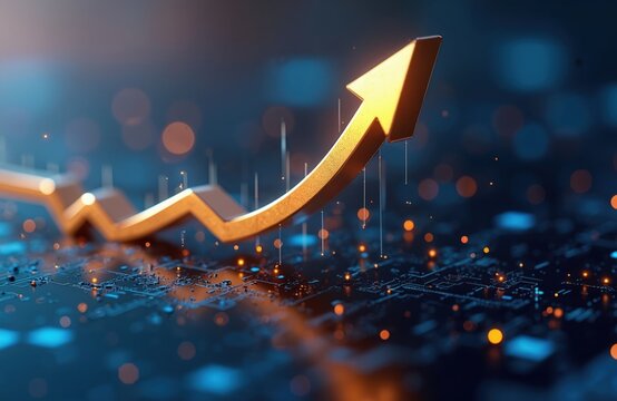 Gold arrow points upward above the digital circuit board. Tech concept of financial success stock market chart. Abstract of business growth. Concept of technology and finance. - Powered by Adobe