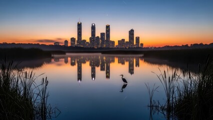 Fototapeta premium Serene Cityscape Reflection at Sunrise with Heron.