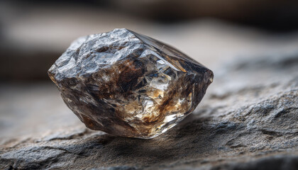 Large rough diamond encased in dark gray marble with intricate textures and reflective surfaces