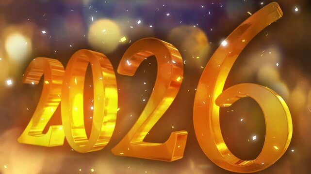 キラキラ輝くイルミネーションの丸ボケ背景　新年・正月・元日の年タイトル　金色3dの2026のテキストシンボル　お祝い・イベント・パーティーの背景　降りかかる紙吹雪　