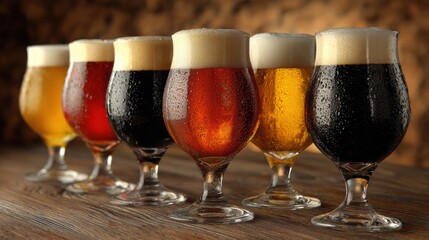 Craft beer flight in frosted glasses with rich foam on rustic wooden table against warm pub bokeh background, concept of tasting culture and nightlife atmosphere