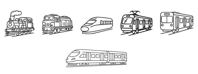 Line art icon set of different train , locomotive types including steam diesel , modern high speed trains in outline style showing railway transport progression, concept of travel transportation  © Youfec
