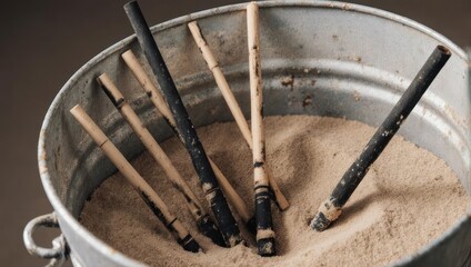 Paintbrushes in a bucket of sand, art supplies, studio equipment.