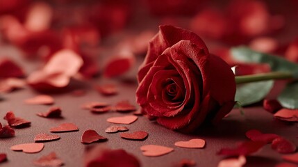 Red rose with petals and heart confetti expressing love