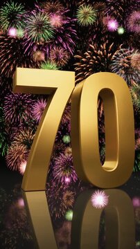 Gold number 70 with fireworks in the background. Festive scene for birthday or anniversary party