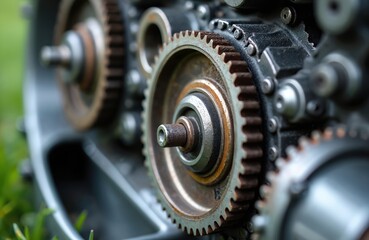 Close-up view of worn metal gears inside an engine or machine. Rusty cogwheels meshed together showing intricate mechanical detail. Power transmission parts exposed.