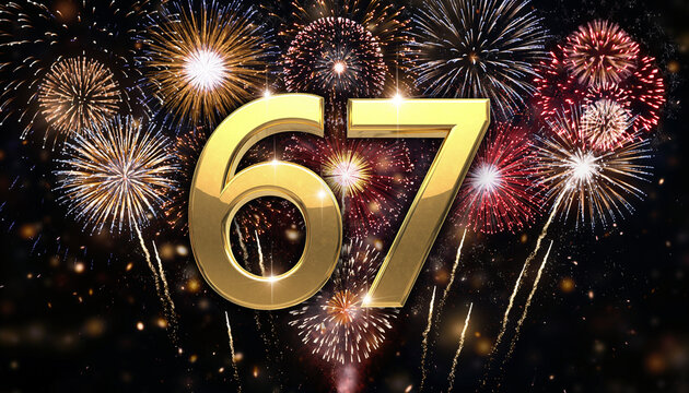 Gold number 67 with fireworks in the background. Festive scene for birthday or anniversary party
