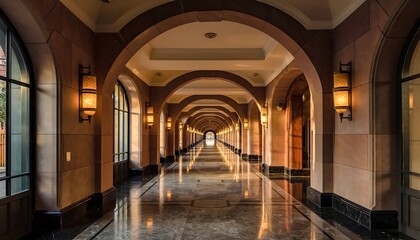 Fototapeta premium Elegant hallway interior featuring graceful arches, warm wall sconces, and polished marble flooring, creating a luxurious, timeless, and inviting architectural atmosphere.