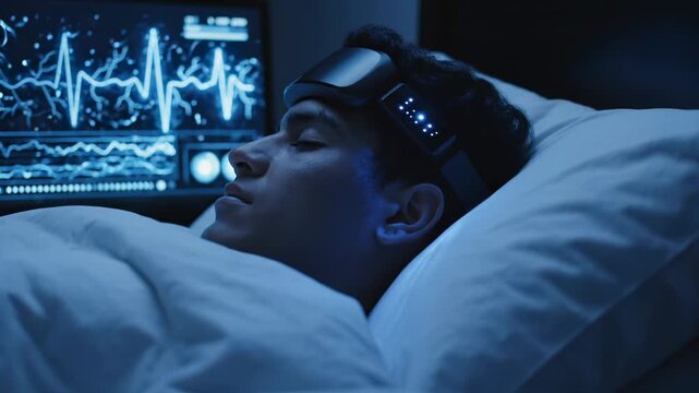 Man sleeps with brain monitoring headband tracking sleep waves. Monitor shows EEG brain activity during sleep. Man wears headband for sleep monitoring. Brain waves track sleep quality at night.