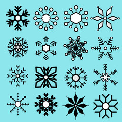 Set of Detailed Snowflakes Vector Icons. Collection of Black Snow Flake Silhouettes for Christmas and New Year Holiday Design, Winter Decoration, and Festive Ornament Graphic Elements on Isolated Back