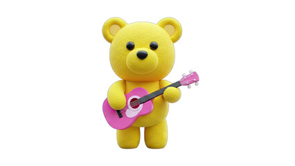Obraz premium Yellow Teddy Bear Playing Guitar on White Background