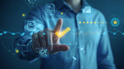 A close-up of a professional in a blue shirt interacting with a futuristic transparent digital interface. The person touches a glowing yellow checkmark on a holographic screen that displays checklist