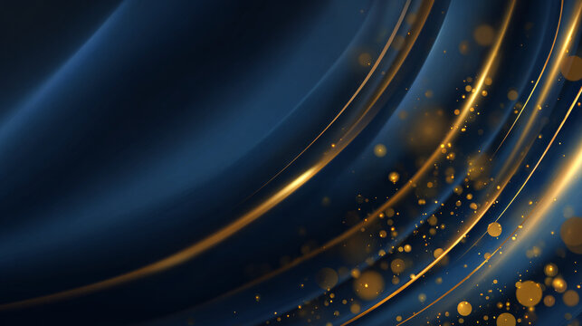 Luxurious high-end abstract background featuring deep blue and gold flowing lines with shimmering particles and elegant textures