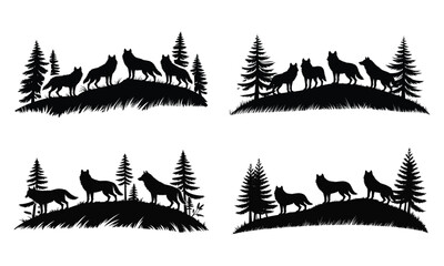 Obraz premium Wolf pack in forest silhouettes, wild animals howling in woodland nature landscape 