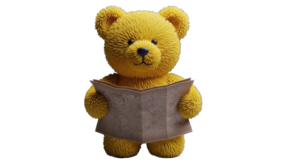 Yellow Teddy Bear Reading a Map on White Background