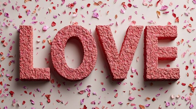 Love text with textured petals scattering