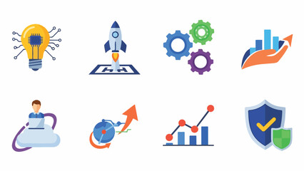 Collection of Business and Technology Icons Representing Growth, Innovation, and Success