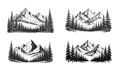 Obraz premium Mountain landscape illustrations set, hand drawn peaks with pine trees, outdoor adventure scenery 