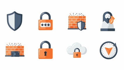 A dynamic collection of digital security icons, featuring a padlock, shield, cloud, and firewall, illustrating robust data protection and cybersecurity measures
