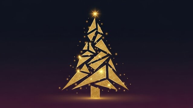 Geometric golden christmas tree design with sparkling details, modern seasonal celebration concept
