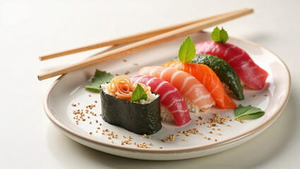 Typical japanese sushis and sashimis on a plate