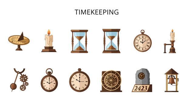 A collection of ten historical and mechanical timekeeping devices displayed in two horizontal rows
