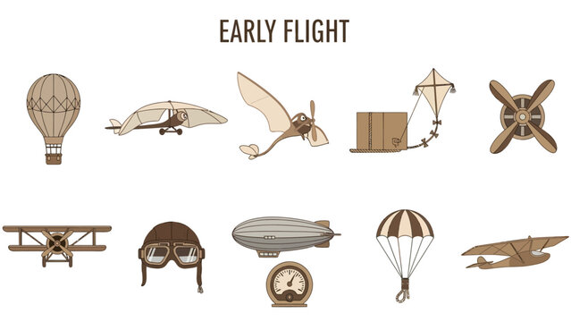 Browntoned illustrations of early flight concepts and aviator gear on white