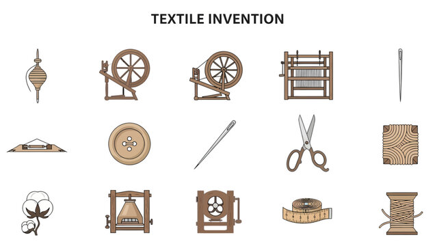 Collection of brown and beige icons illustrating textile production tools and materials