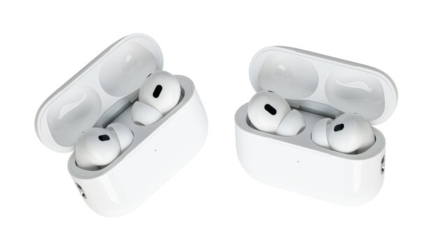Dnipro, Ukraine 24.11.27: Apple Air Pods. With wireless charging case. Airpods. Wireless headphones with charging case and noise cancellation technology. Gadgets and electronic devices