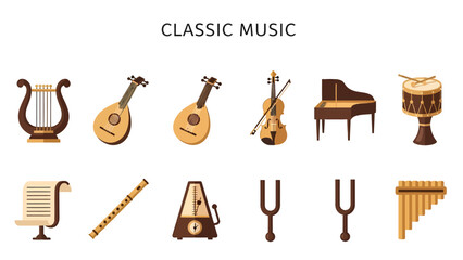 Ten musical items and a sheet of music displayed in two rows under the text CLASSIC MUSIC © Faisal