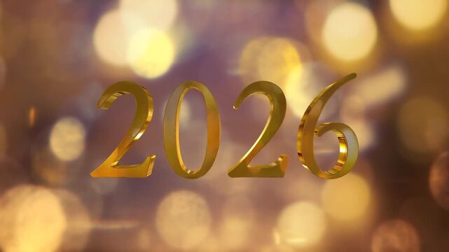 キラキラ輝くイルミネーションの丸ボケ背景　新年・正月・元日の年タイトル　金色3dの2026のテキストシンボル　お祝い・イベント・パーティーの背景