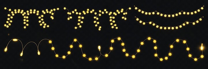 Different arrangements of glowing yellow string lights for holiday and party decoration