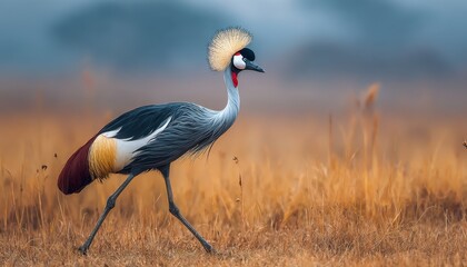 Obraz premium Majestic grey crowned crane walking through a grassy field with golden-brown tones