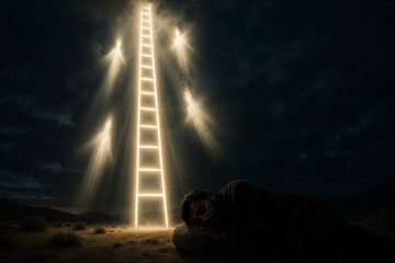 Fototapeta premium Jacob Sleeping Beneath the Ladder Rising Into Heaven at Bethel