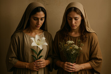 Leah and Rachel Standing Together Holding Symbolic Flowers