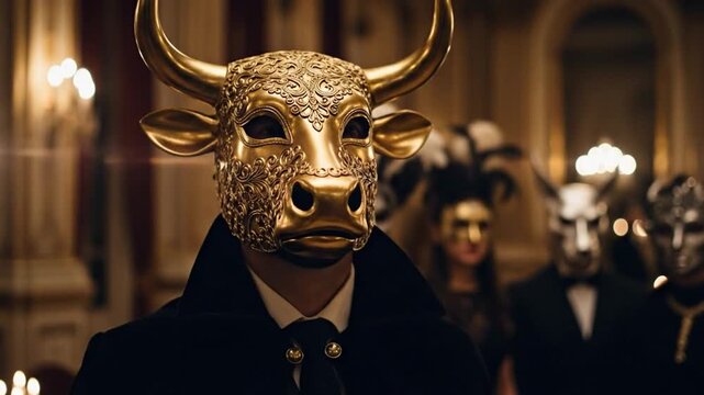 Golden bull mask in focus at mysterious elite high society gathering.