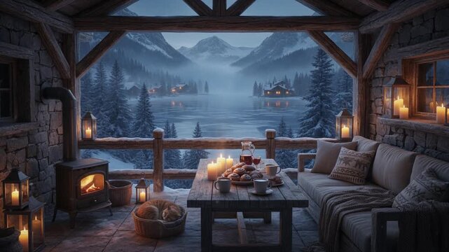 A cozy mountain lodge interior with candles, a warm seating area, and panoramic snowy lake views at dusk, creating a peaceful winter retreat atmosphere.