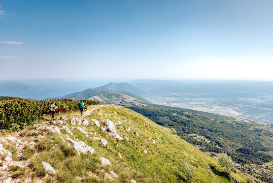 View of hikers traversing a vibrant green, grassy mountain ridge under a clear blue sky, overlooking distant hills and water, Mala Ucka, Primorje-Gorski Kotar County, Croatia.