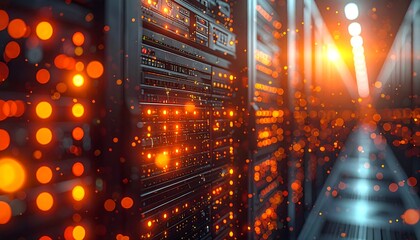 Data center aisle view, featuring servers, blinking lights, and bokeh effect