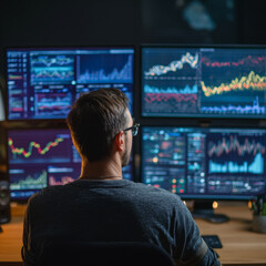 Man analyzing financial data on multiple computer screens displaying colorful stock market charts and graphs in a trading room