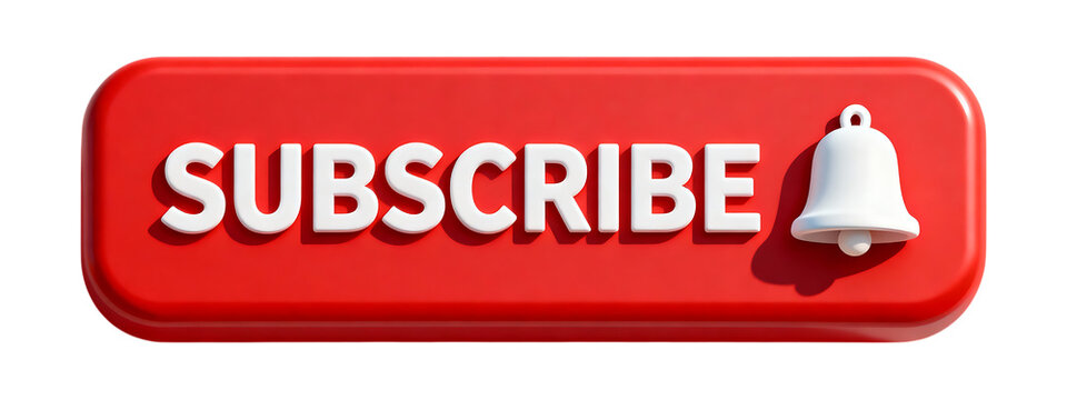 A vibrant red youtube subscribe button with a notification bell icon on transparent background