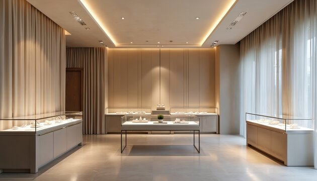 Modern jewelry store interior with elegant display cases, soft light. Luxury boutique showroom features minimalist design, beige decor. Expensive accessories in illuminated glass vitrines for sale at