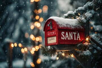 A beautifully illuminated red mailbox stands nestled among snow-covered pine branches on a magical winter evening. Delicate snowflakes fall, creating a serene and enchanting atmosphere, while warm, bl