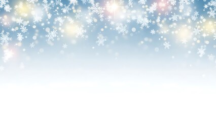 A light blue winter background with falling snowflakes and sparkling bokeh lights