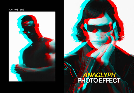 Anaglyph Glitch Poster Photo Effect Mockup