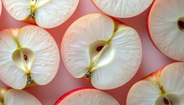 Close-up overhead view of perfectly sliced red apples revealing their crisp white flesh and seeds on a pink background. - Powered by Adobe