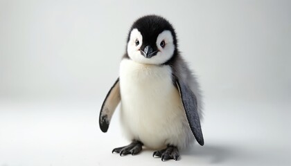 Adorable baby emperor penguin chick stands on white background. Soft fluffy down feathers, cute appearance prominent. Young bird shows black, white plumage, tiny wings, small beak. Infant animal