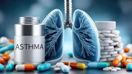 An illustration of the word "ASTHMA" on pills surrounded by various medications, emphasizing the importance of asthma control. Space for text.