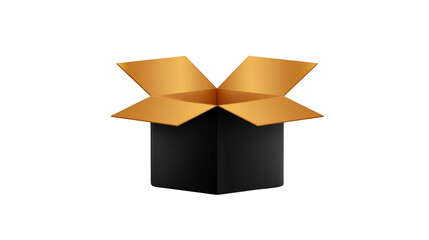 Open black cardboard box with golden flaps, isolated on transparent background, suitable for packaging, shipping, or gift concept, modern and minimalistic style